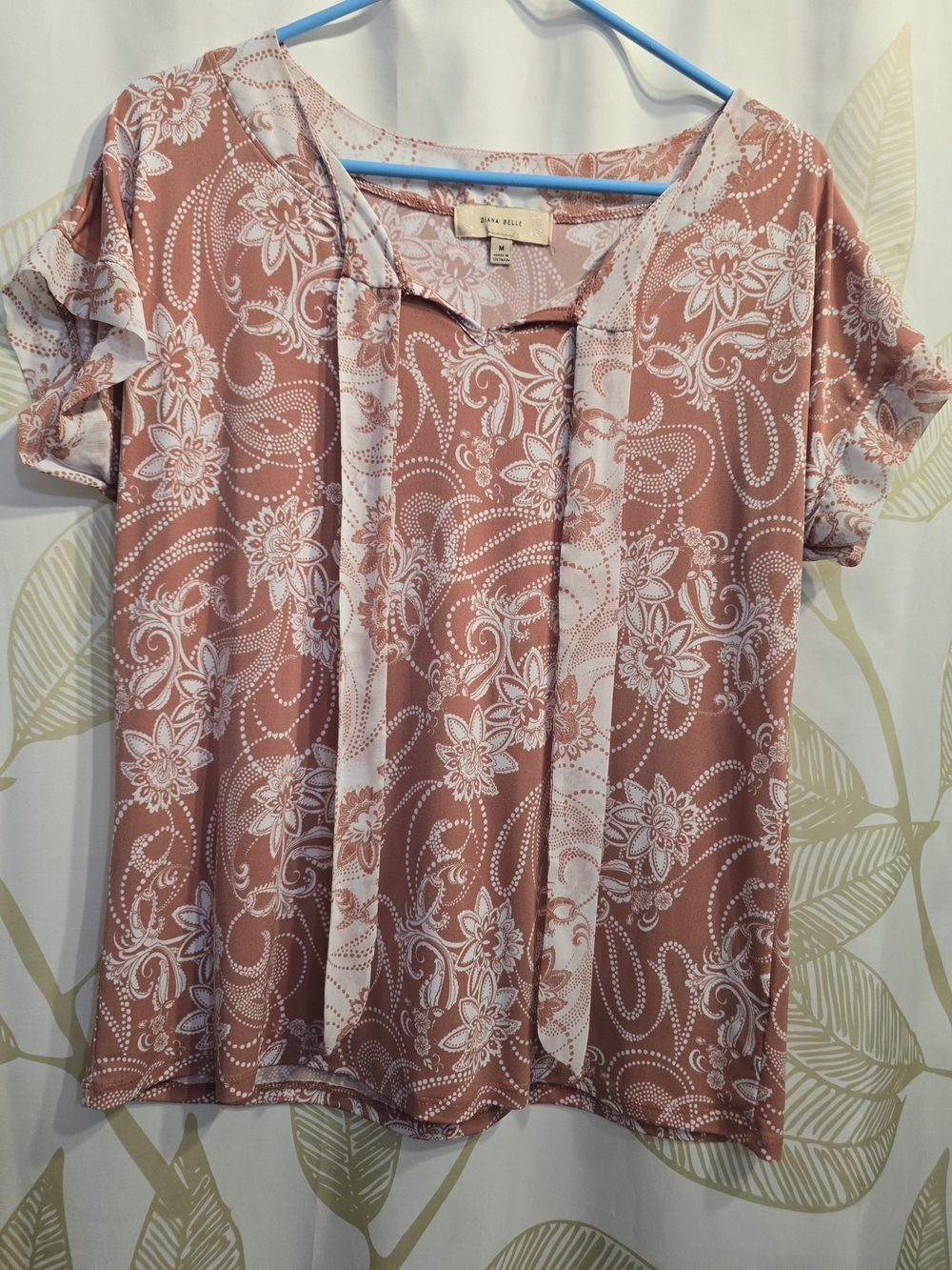 Soft Rose-Pink Floral Tie-Neck Short Sleeve Blouse